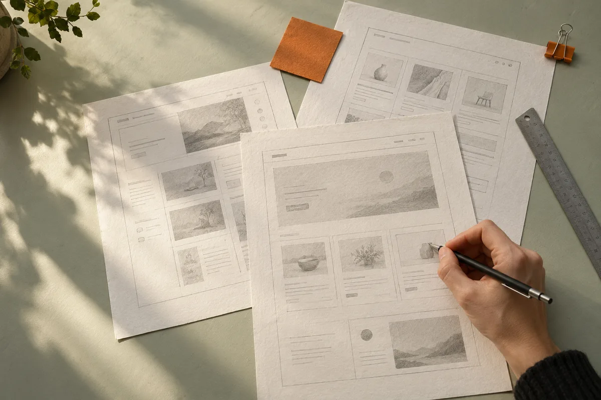 Conceptual website design study with paper layouts, a pencil and material swatches