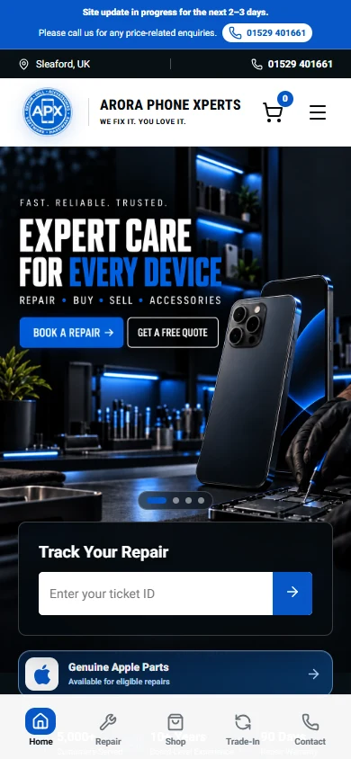 APX Repairs mobile website preview